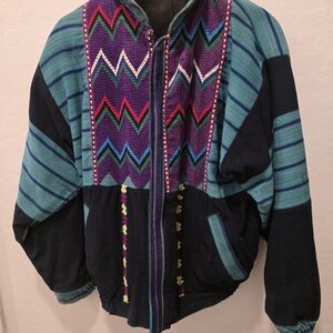 Vintage Guatemalan handmade cotton bomber jacket with multi-color woven accents